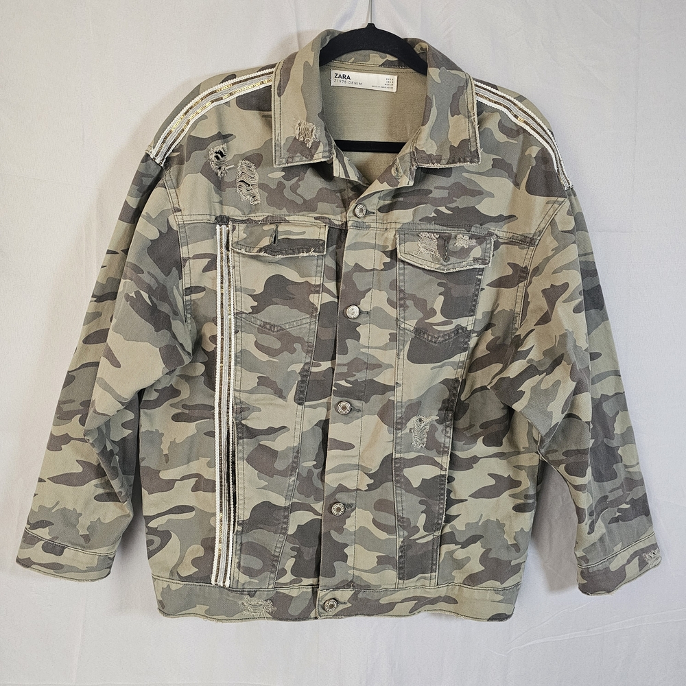 ZARA DENIM Women's Green Camo Sequin Distressed Button-Up Jacket SZ S